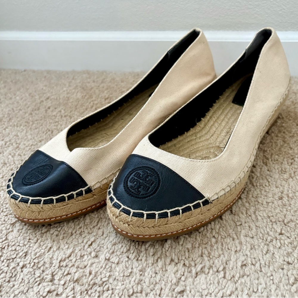 Tory Burch Black and Cream Espadrilles with Jute Sole